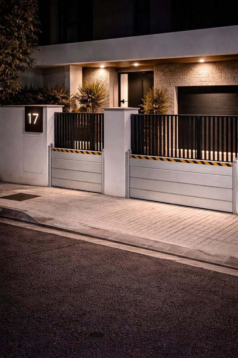 Barreras antiinundación instaladas en los accesos de garaje de una vivienda, de noche